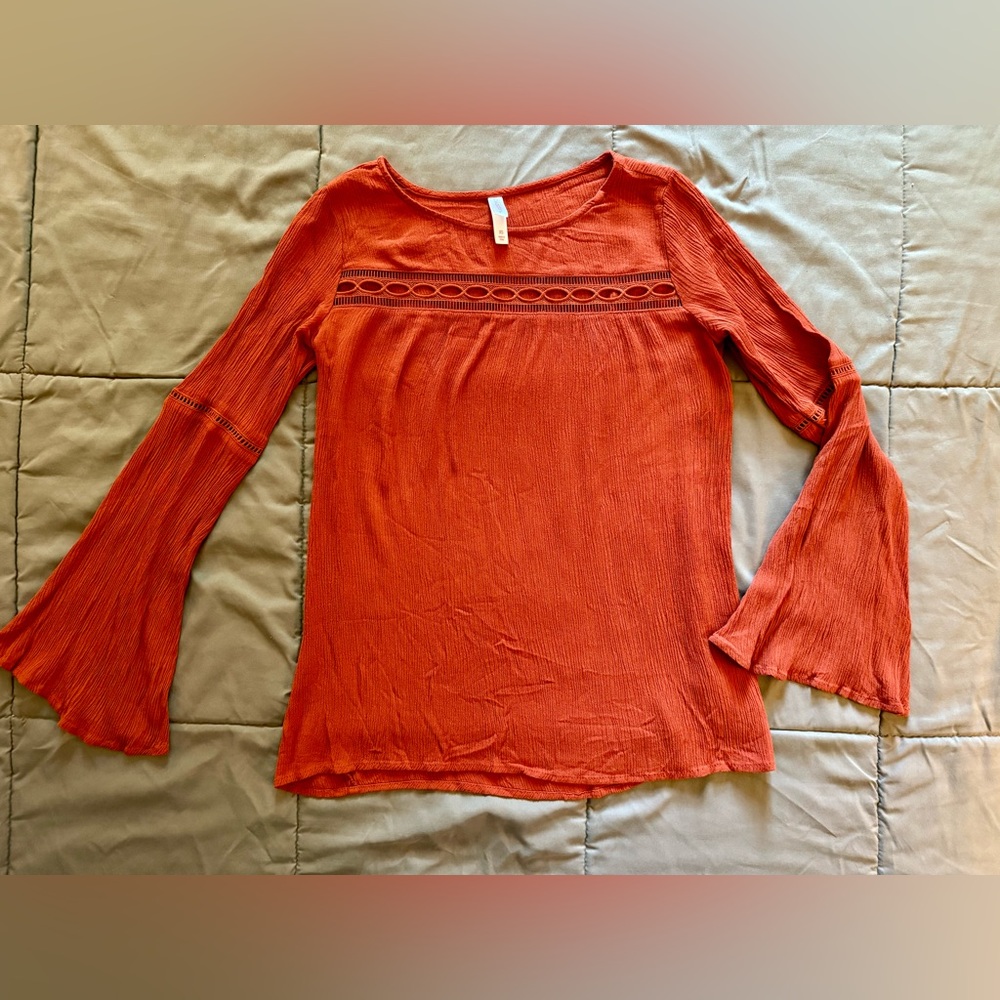 Xhilaration Orange Shirt Top with Flared Bell Sleeves, size XS PERFECT for Fall!
